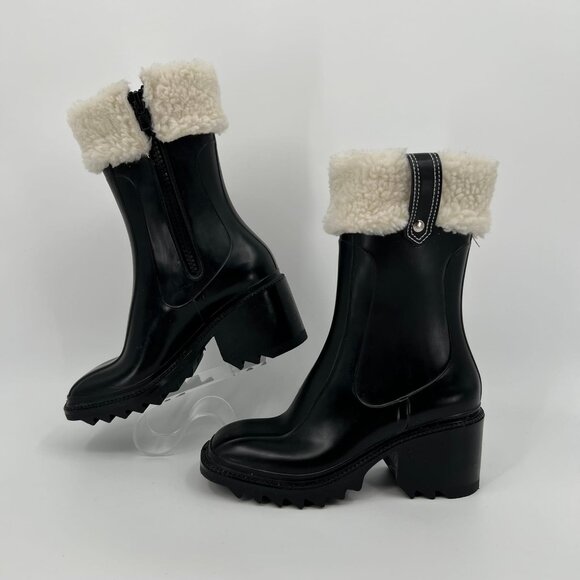 I.N.C. Black & Cream Sherpa Trim Heeled Boots | Block Heel & Square Toe - Picture 2 of 8
